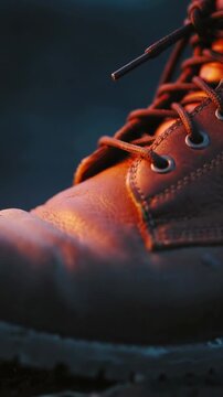 Vertical video: Tightening camera focusing on brown leather boot on ground, highlighting lace aglet