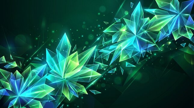 Glowing crystal flower shapes with futuristic neon green and blue lighting, abstract polygon art, digital fantasy atmosphere, sparkling geometric design, and vibrant sci-fi energy background.