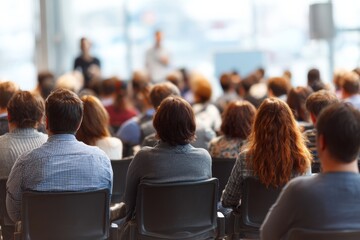 Fototapeta premium public meeting. parent teacher conference. Rear view of group sitting in chairs at business presentation or workshop watching teacher lecture students. Education training concept, blurred background.