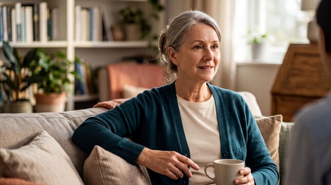 virtual health care, a caring doctor speaks to a patient from a split-screen interface at home