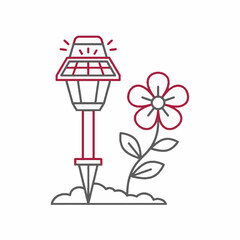 Fototapeta premium Minimalist vector line art illustration depicting a solar powered garden light with light rays next to a blooming flower on a clean white background