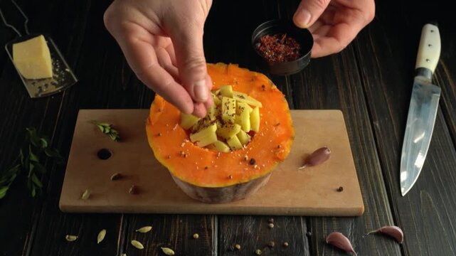 Hands sprinkle spices over a halved pumpkin filled with cheese cubes on a wooden cutting board in a cozy kitchen setting