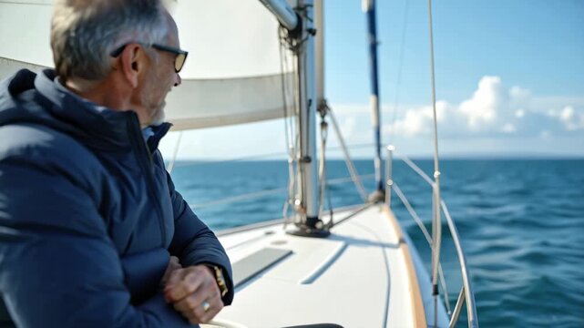 Mature Caucasian man in sunglasses smiles while sailing on a yacht, enjoying the ocean view with a clear blue sky and gentle waves in the background