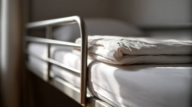 Minimalist bunk bed with clean white bedding and warm window light, close-up view capturing a calm, uncluttered bedroom environment