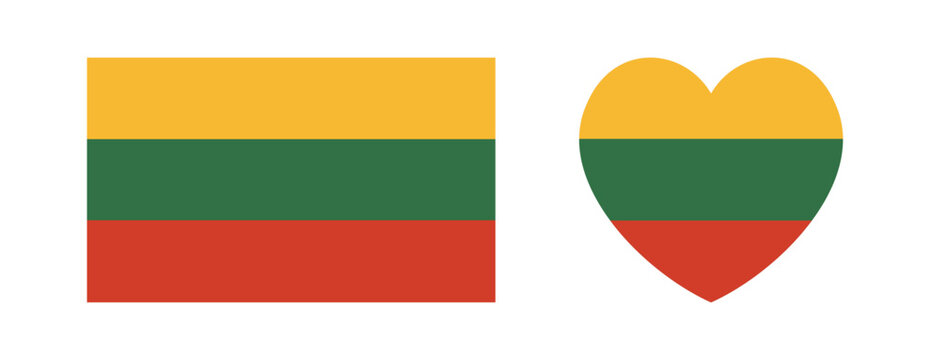 Lithuanian Flag icon, sticker in heart, rectangle shape set. Rectangular, heart badge, button, banner, background flag of Lithuania.