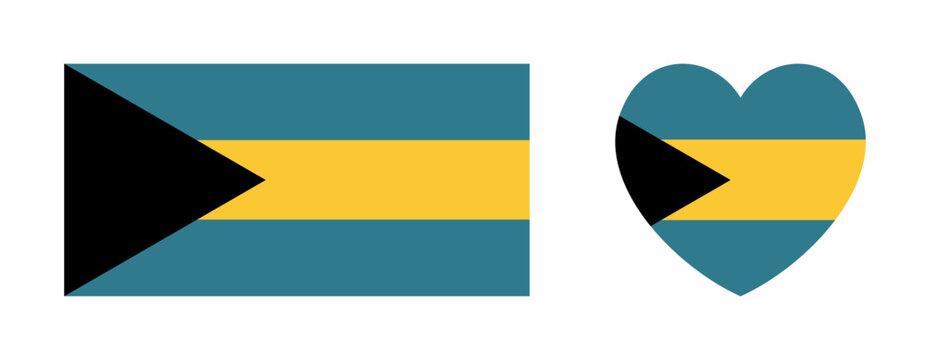 Flag of Bahamas. Badge, sticker Bahamas flag set. National rectangle, heart flag of Bahamas banner, background. Flag rectangular, heart icon, button.