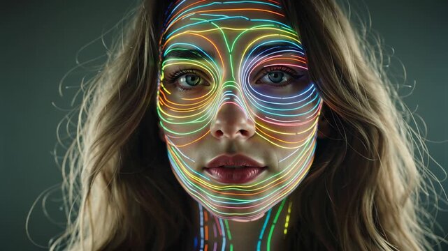 Female model with illuminated facial lines in vibrant colors, showcasing a close-up view of her features against a dark background, emphasizing the intricate light patterns