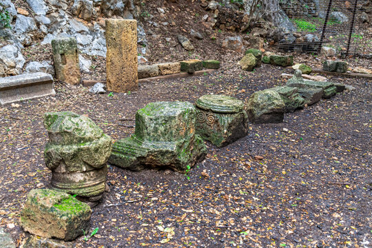 Archealogical pieces at Banias Nature Reserve in northern Israel on a rainy Winter's day.
