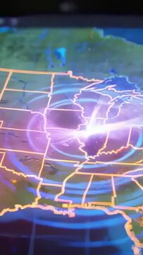 Vertical video: Tapping metal stylus causing ripples forming vortex selecting Midwest US map tablet
