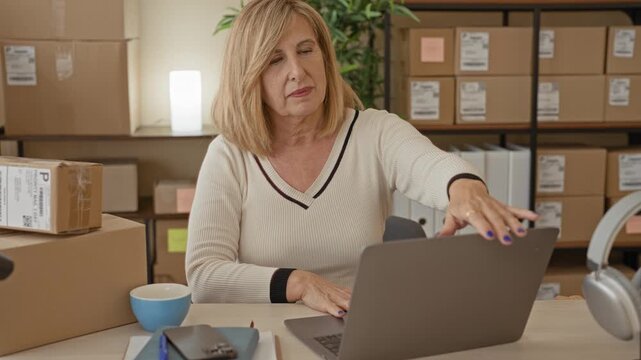 Woman reaches for laptop on desk with cup and shipping boxes, organizing parcels and labels in a small business building; relief and focus.