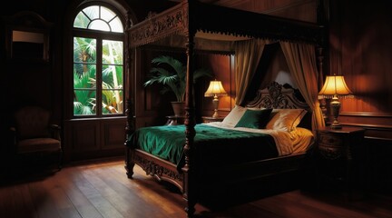 Fototapeta premium Luxurious antique four-poster bed in dark wood paneled room with rich green plants visible through large arched window. Ornate bedside lamps cast warm glow on plush bedding. Classic elegance.