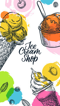 Banner with ice cream and watercolor shapes. Vector sketch for social media story, party flyer, event poster, cafe menu