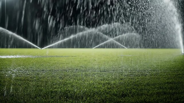 Automated sprinklers watering a soccer stadium pitch at night in summer 2026 football floodlight sport arena field football floodlight sport arena field