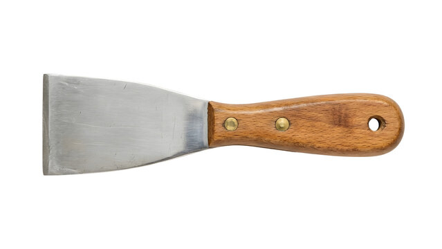 Metal paint scraper putty knife with wooden handle isolated on white background