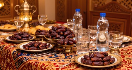 Fototapeta premium Traditional Iftar Table Setting with Dates and Water for Ramadan Feast 