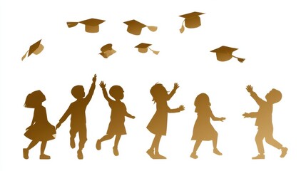 Fototapeta premium Children celebrate graduation by tossing their caps high in the air in a joyful moment of accomplishment and excitement during a sunny day outside.