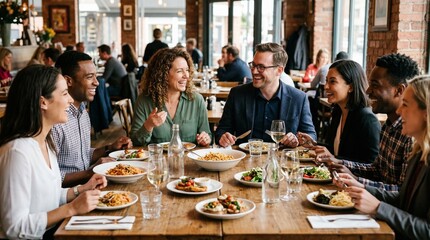 Multiethnic colleagues enjoying a business lunch at a large wooden table in a bright, modern restaurant with various dishes.