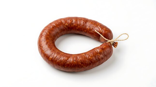 Raw smoked sausage ring with string on minimalist white background still life