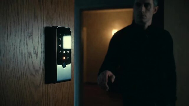 Close-up of illuminated smart door keypad in photographic style on wooden background, concept of security and home protection