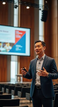 Asian Man Presenting Energetically in Conference Hall with Screen and Seats