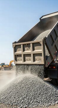 Dump truck unloading gravel at construction site with excavator in background, dust clouds rising
