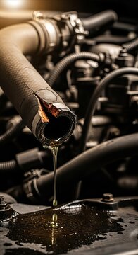 Cracked car radiator hose leaking fluid, symbolizing automotive failure and the need for maintenance in a dimly lit engine compartment.
