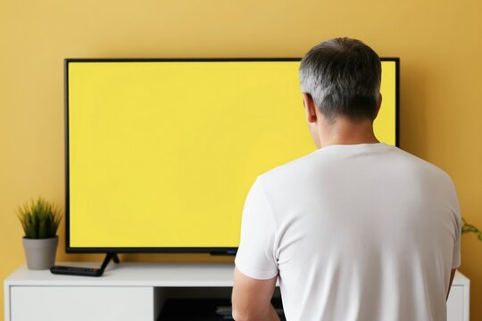 Middle aged man watches bright yellow screen TV. He holds remote control, ready to select show on smart television. Entertainment and media consumption concept.