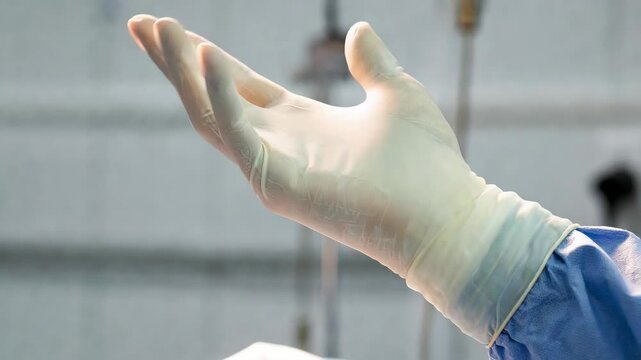 Gloved hand shown in close-up in realistic style on soft clinical background, concept of surgery safety and sterile procedure