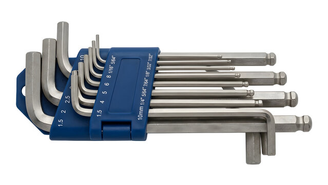 Complete set of metric hex allen keys in blue plastic holder isolated on white background