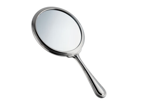 Isolated silver elegant vintage hand mirror, classic antique style oval cosmetic accessory