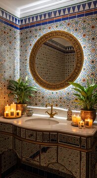 Moroccan style bathroom with ornate brass fixtures, vibrant encaustic tiles, and warm candlelight for a luxurious, inviting ambiance.