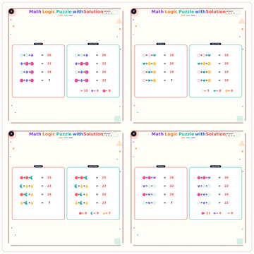 Math logic puzzle worksheets with solutions and colorful elements  