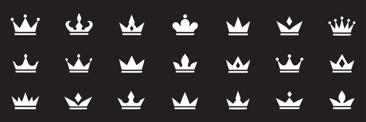 Crown icons, vector set. Crown vector, silhouette, icon. Crown symbol set. King, Princess crowns. Collection of crown silhouette. Vector illustration. Crown icon set. Royal crown symbol collection. © Hike Studio 2