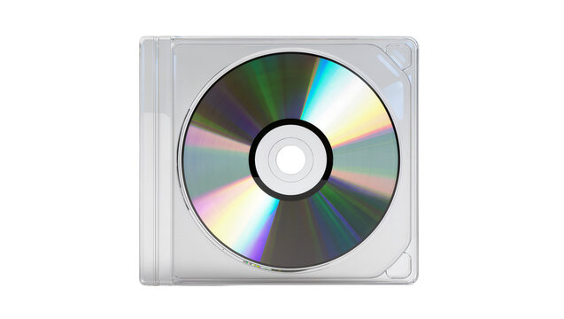 Isolated shiny compact disc inside a transparent plastic case, reflecting vibrant light.