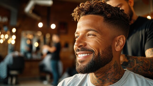 Smiling black man with curly fade haircut, neat beard and neck tattoos in warm barbershop with barber and blurred amber lights, concept of confident male grooming