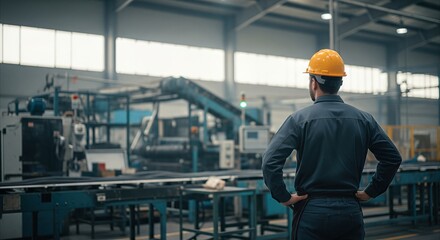 Fototapeta premium Confident factory worker in hard hat overseeing production line in modern industrial facility with diffused light