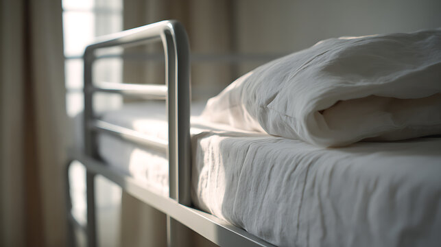 Clean, unmade bunk bed with soft white bedding illuminated by natural light, depicting a peaceful and simple sleeping area interior