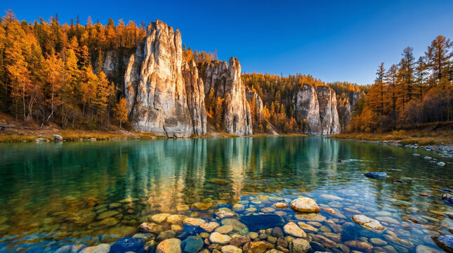 Lena Pillars National Park Siberia in Peak Autumn with Turquoise River Reflection and Vibrant Orange Foliage