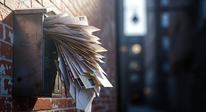 Overstuffed mailbox overflows with neglected letters, symbolizing forgotten communication and the weight of the past in an urban alley setting.