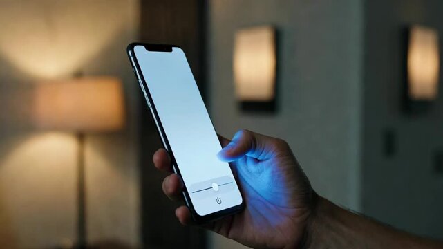 Hand holding smartphone with bright blank screen and slider in realistic photo on blurred indoor background, concept of technology control