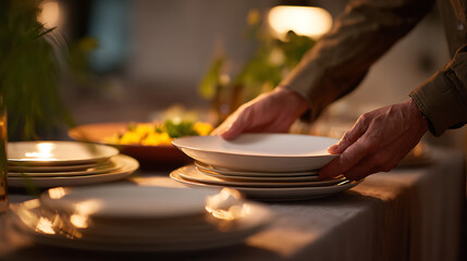 Obraz premium Close-up of hands set dinner plates on a beautifully prepared table for an evening meal, featuring warm lighting and appetizing food in background