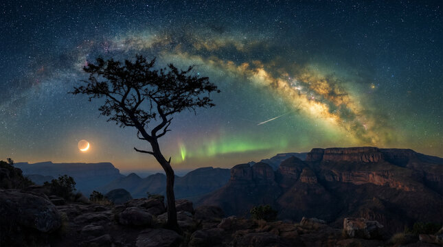 Blyde River Canyon Three Rondavels Under a Vibrant Milky Way Galaxy with Crescent Moon and Aurora