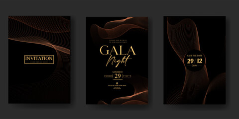Premium gala night invitation card set with glowing amber silk curves and elegant black luxury background design for VIP celebration, poster, wedding and elite branding use © Pixaeye