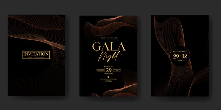 Premium gala night invitation card set with glowing amber silk curves and elegant black luxury background design for VIP celebration, poster, wedding and elite branding use