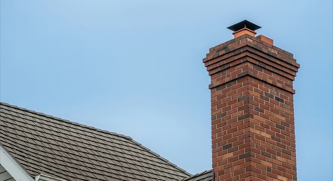Red brick chimney with ornate cap against clear blue sky, architectural detail of residential home rooftop