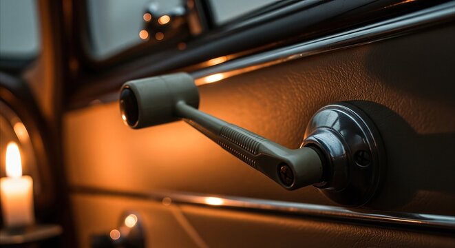 Vintage car window crank illuminated by candlelight, evoking nostalgia and classic automotive elegance with copy space.
