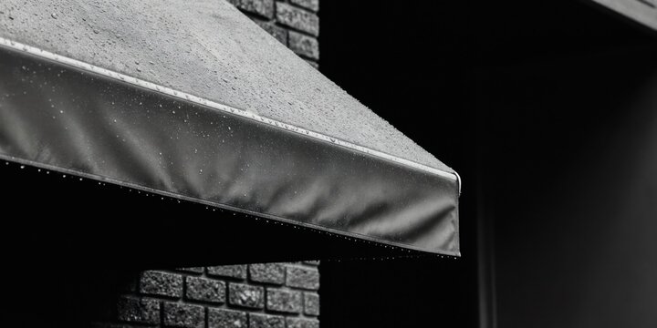 Dark awning on brick building catches raindrops. Water droplets form patterns on grey fabric. Structure provides shelter from rain and moisture.