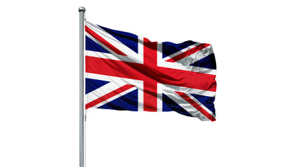 Isolated Union Jack flag of the United Kingdom, Great Britain, on a flagpole, waving. © Oisin
