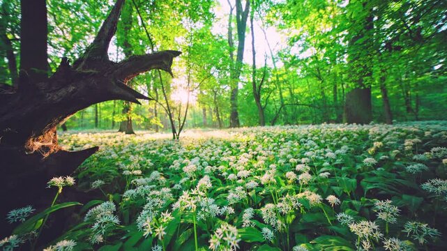 Peaceful static video of a spring forest carpeted with blooming wild garlic, old tree trunk and soft morning sunrise light creating a calm natural woodland atmosphere