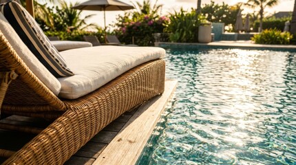 Obraz premium Rattan lounge chair by a luxury resort swimming pool in warm golden hour sunlight